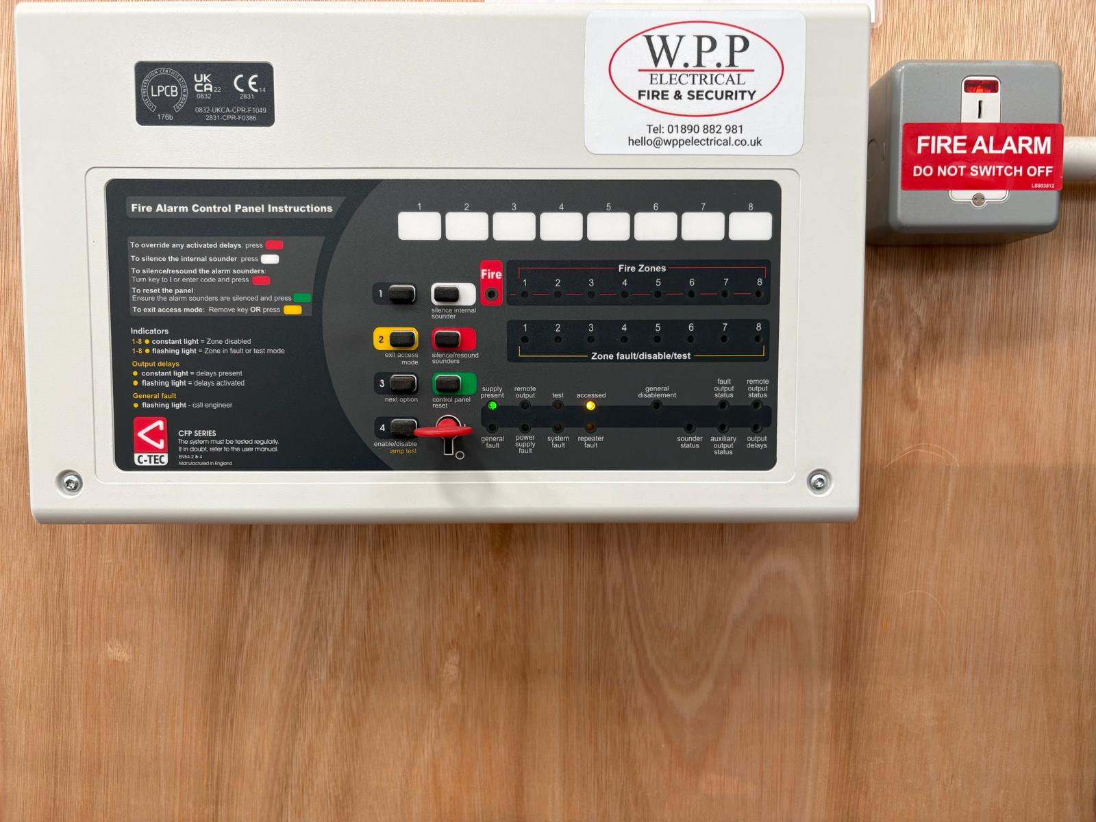 Fire Alarm Installation: C-TEC eight zone fire alarm control panel and break glass call point installed by WPP Electrical Fire & Security